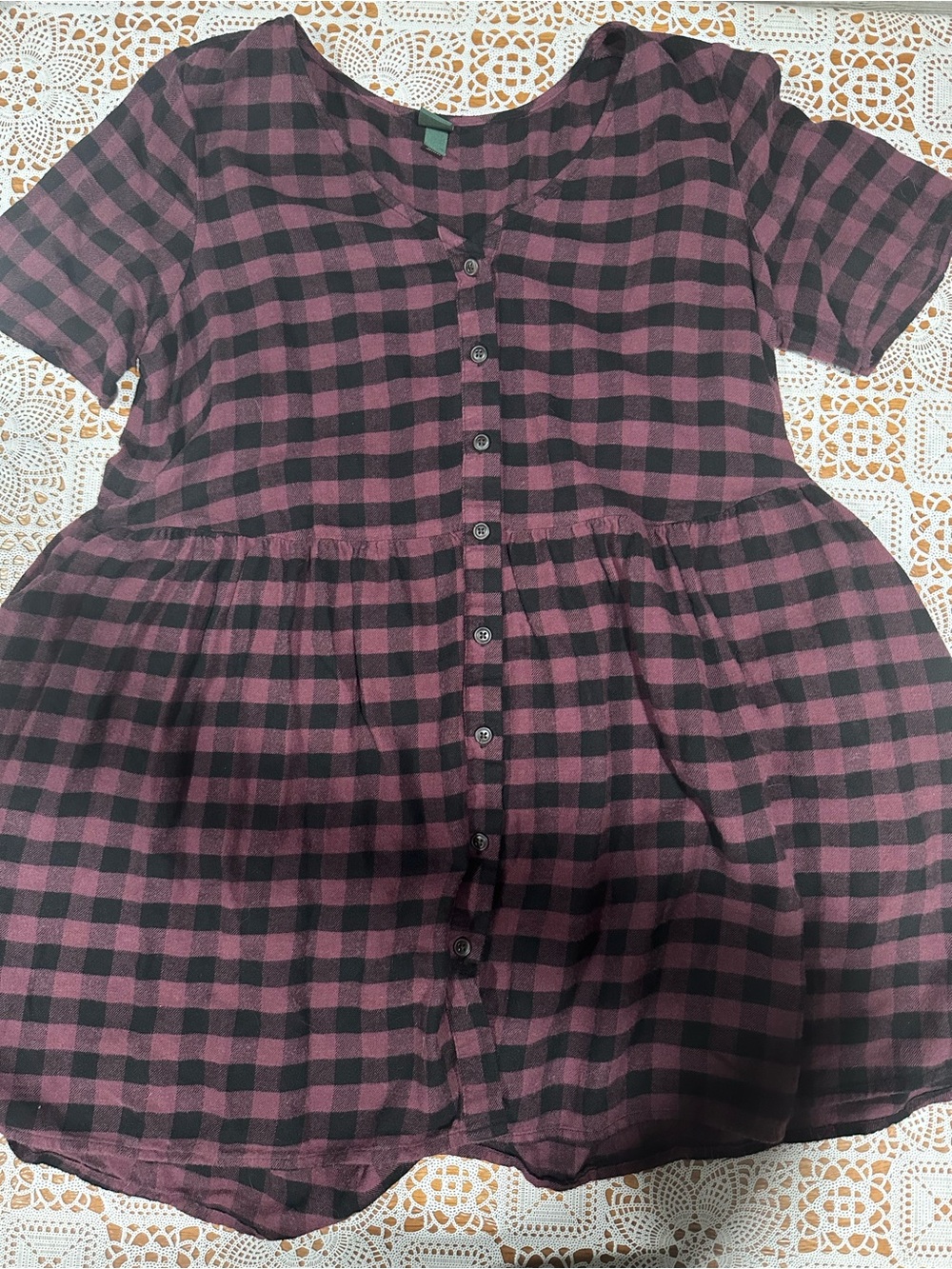 Wild Fable Buffalo Plaid Babydoll Dress Small Burgundy Black Button Front
